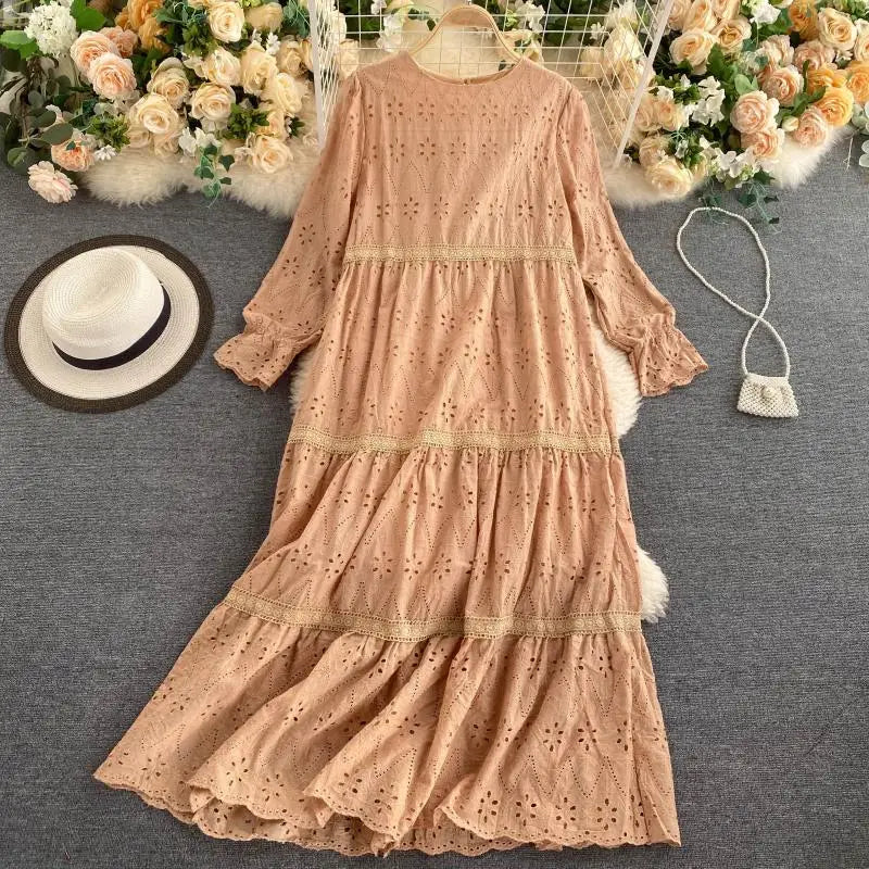 Long Sleeve O-Neck Solid A-Line Dress Autumn Hollow Out High Waist Midi Dress Ladies Casual Dress Clothes Women Wholesale