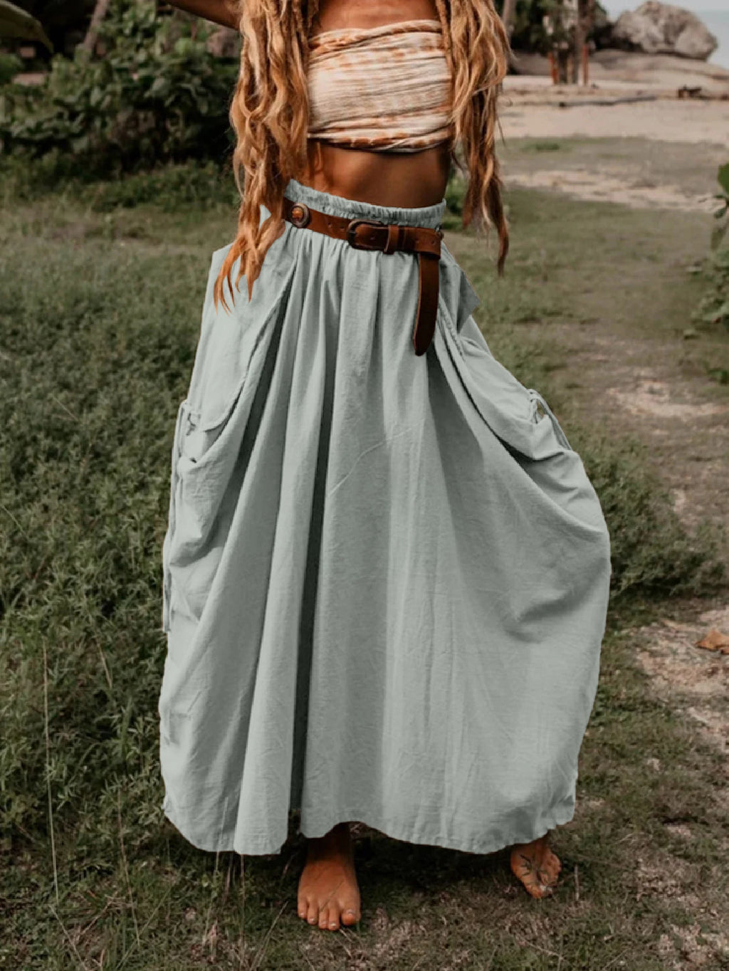 Khaki Cargo Maxi Skirt for Women High Waist Pocketed Beach Long Skirt with Belt