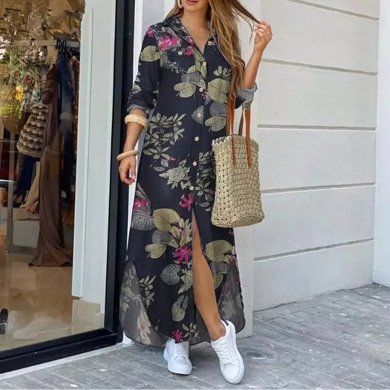 Elegant Letter Print Women Long Dress 2020 Spring Summer Long Sleeve Maxi Dress Casual Female Button Split Party Dress Vestidos