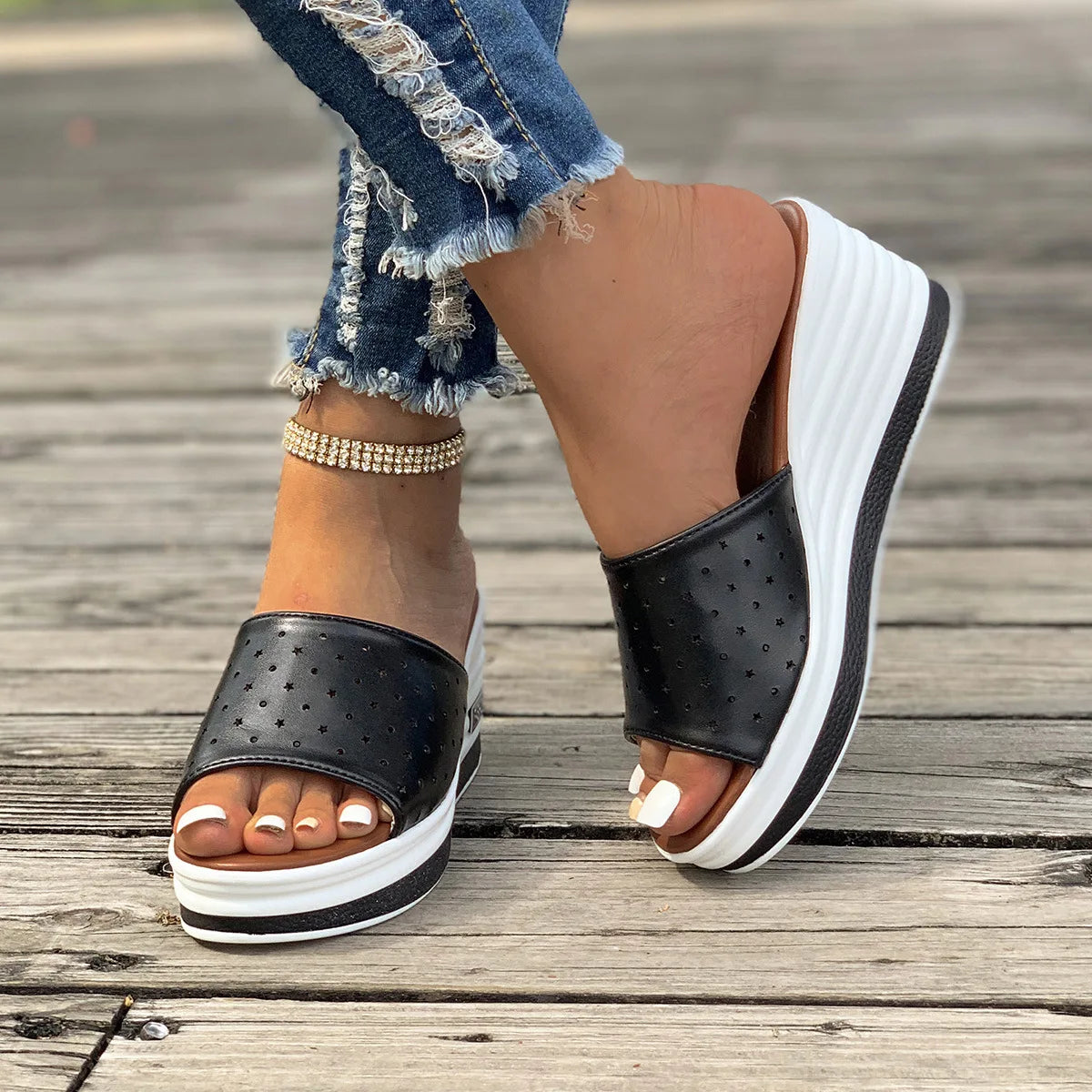 Summer Women Fashion Solid Color Slippers Slope Heel PU Leather Thick High Heel Sandals Shoes Straight Shaped Casual Slippers