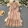 Vintage Tunic Bandage Casual Midi Dress For Women Lantern Sleeve Empire Patchwork Hollow Out Lace Dress