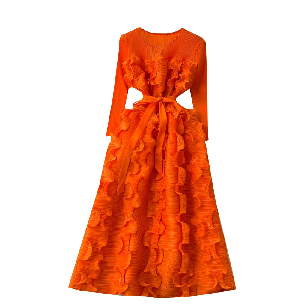 Spring Elegant O-Neck Tunic Slim Bandage Pleated Midi Dress For Women Empire 3D Lace Dress