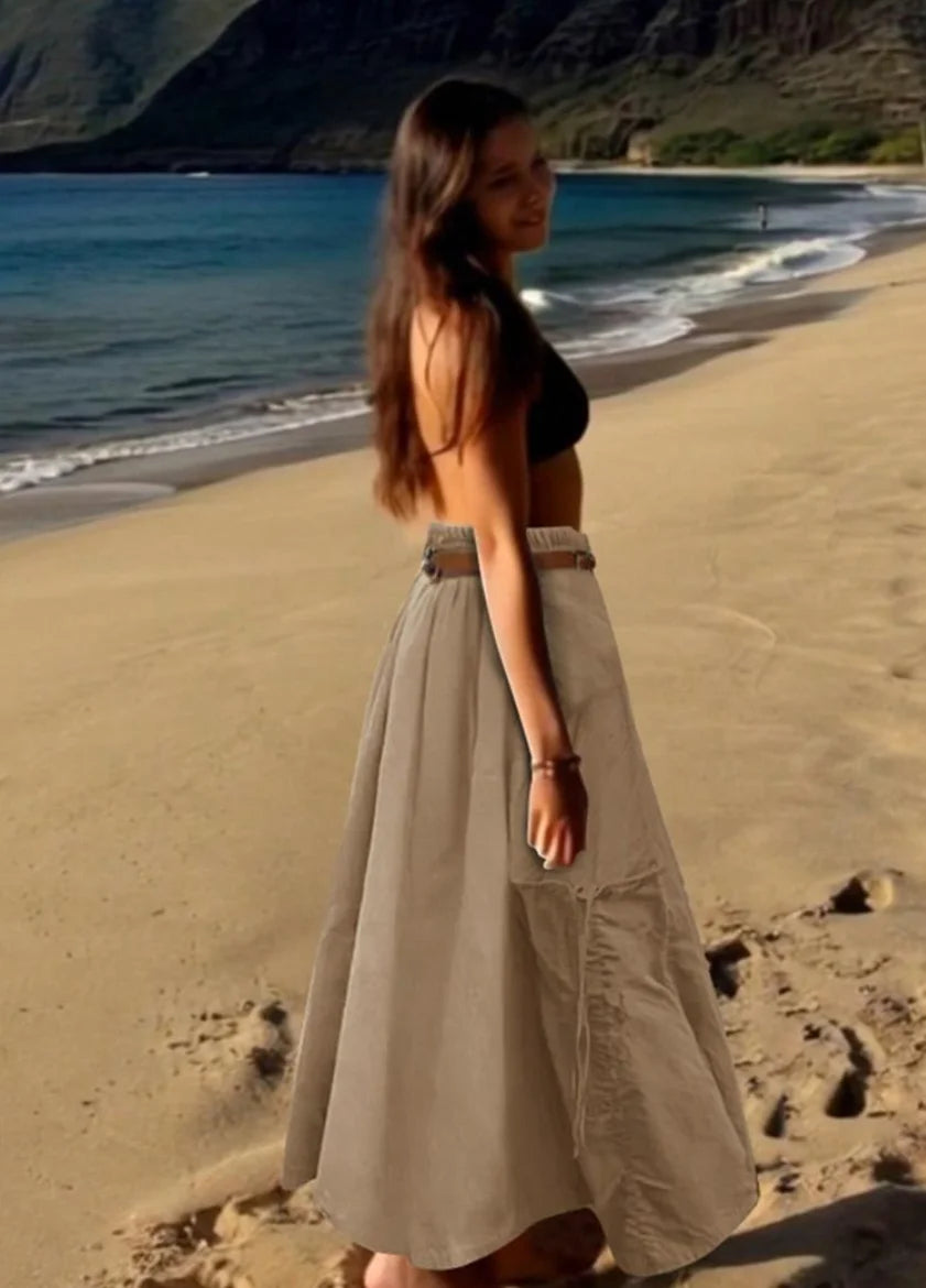 Khaki Cargo Maxi Skirt for Women High Waist Pocketed Beach Long Skirt with Belt