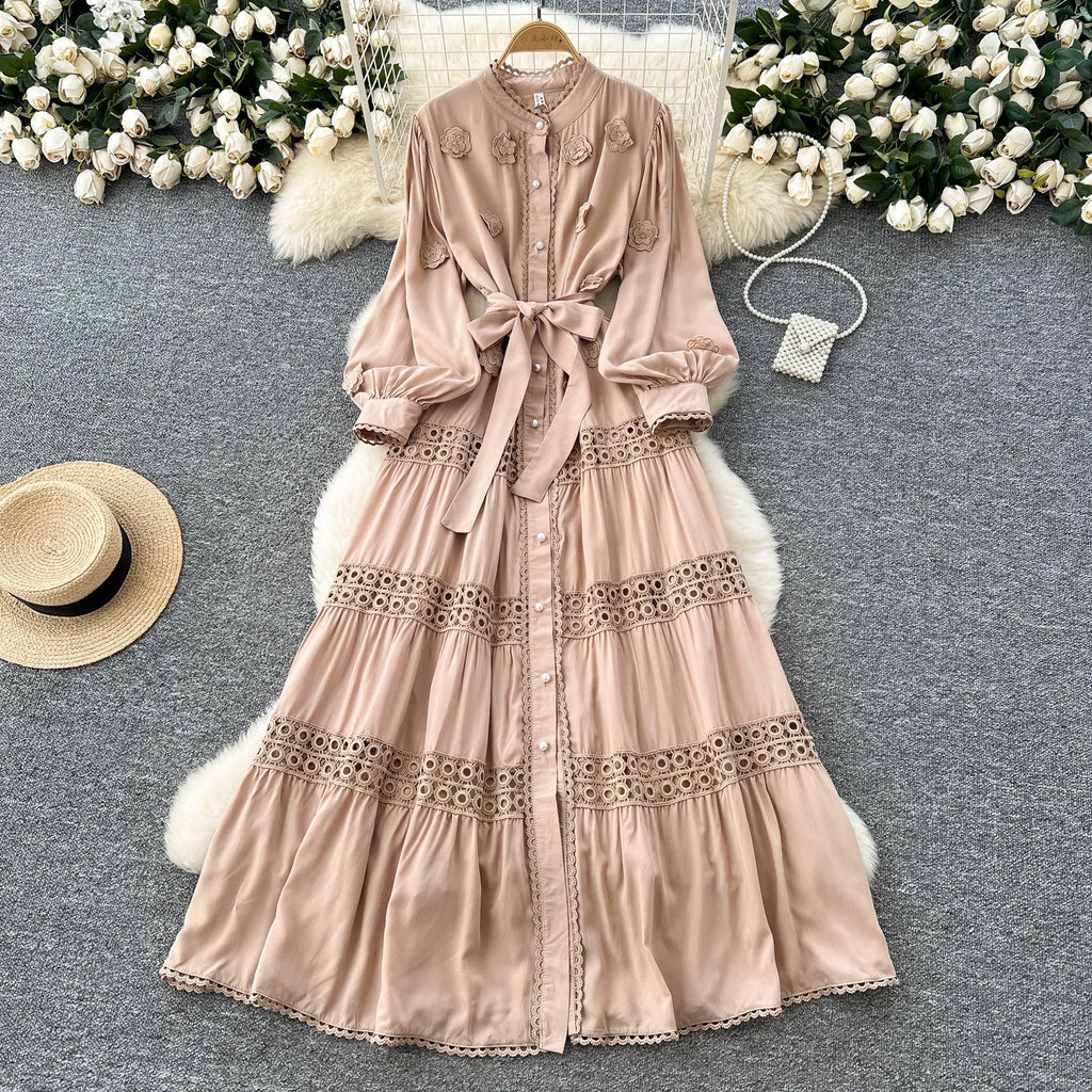 Spring Roman Tunic Casual Midi Dress For Women Empire 3D Patchwork Lace Dress