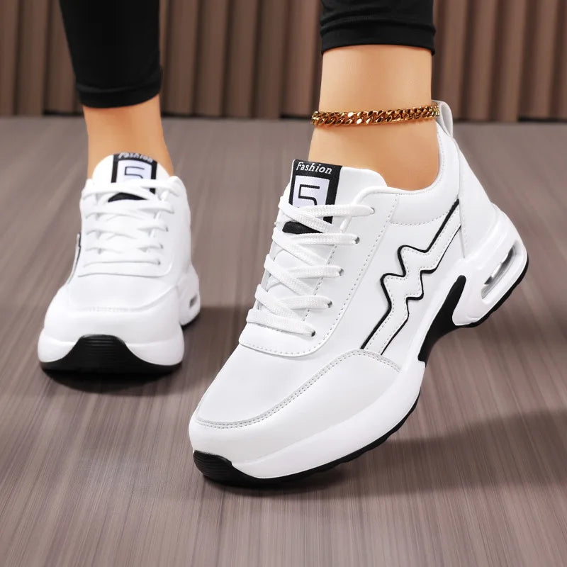 Factory Wholesale Women's White Faux Leather Casual Sneakers - Air Cushion Thick Sole Fashion Sports Shoes