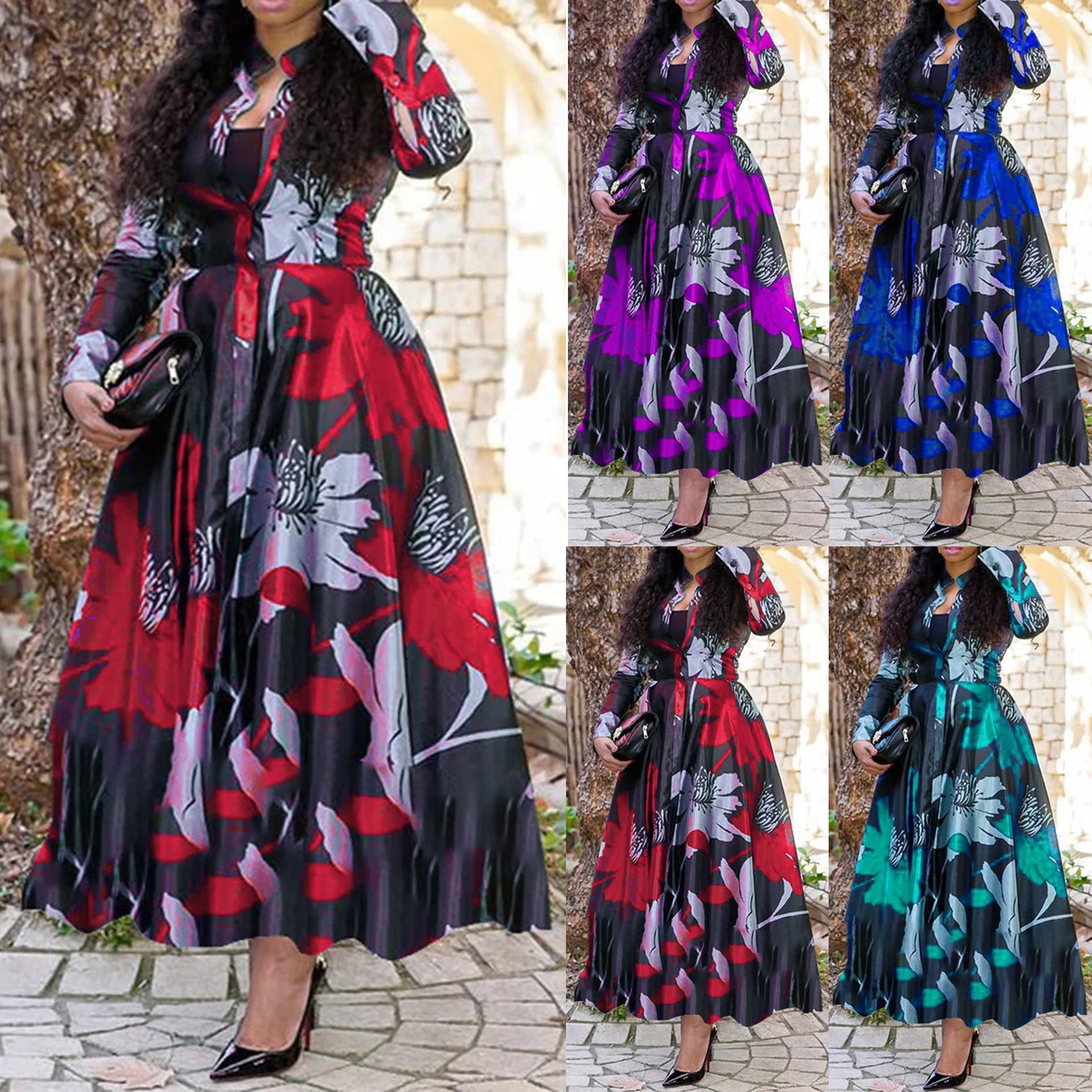 YQY2017 Trendy Summer Dresses Women Casual Long Sleeve A-line Floral Printed Maxi Dress Ladies Office Dresses for Women