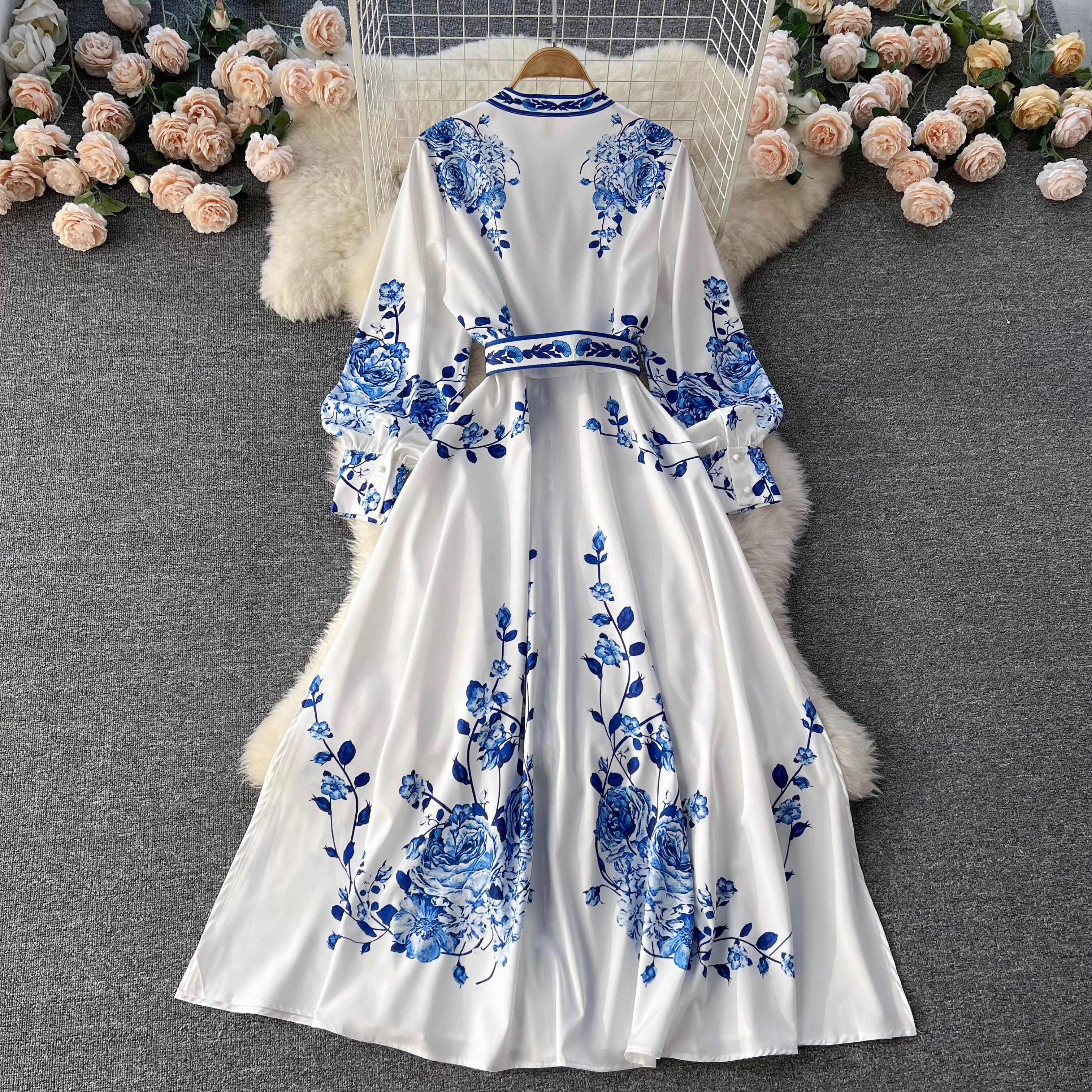 Long Sleeve V-neck Solid A-Line Dress Autumn Simple High Waist Maxi Dress Ladies Casual Dress Clothes Women Wholesale
