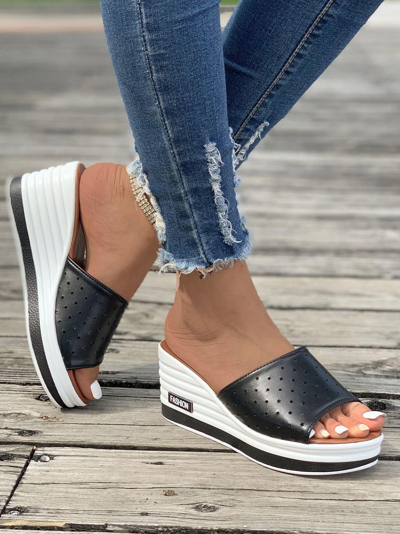 Summer Women Fashion Solid Color Slippers Slope Heel PU Leather Thick High Heel Sandals Shoes Straight Shaped Casual Slippers
