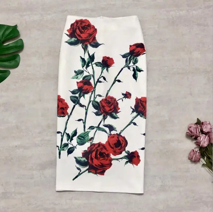 Fashion Midi Skirt For Women Flora Printed High Waist Pencil Skirt Female Causal Flower Bodycon Skirt With Slit