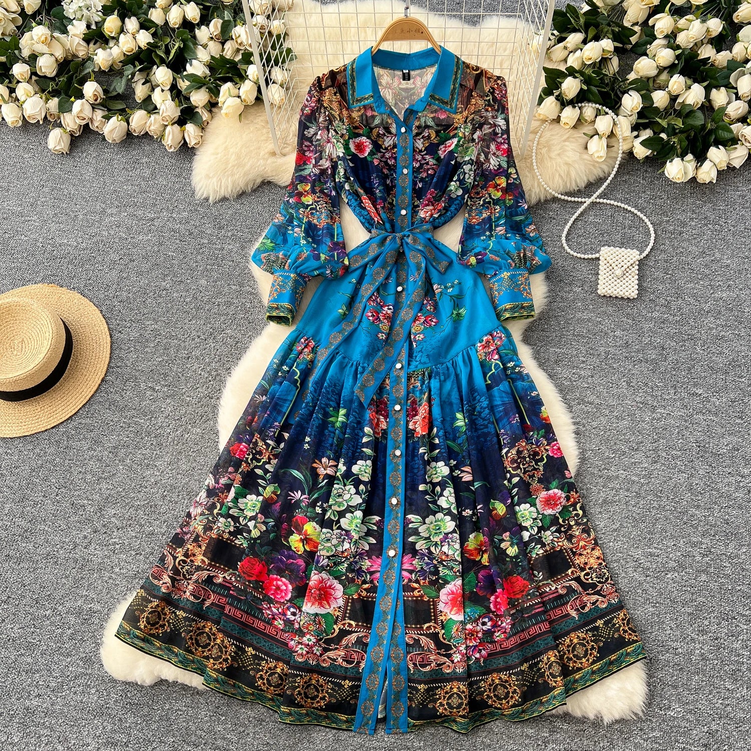 Spring Vintage Tunic Slim Pleated Midi Dress For Women Empire Printed Lace Dress