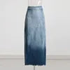 New Unique Streetwear Vintage Fashion Ladies Skirts Casual Color Block Gradient Washed Denim Jean Long Maxi Skirt Women'S Skirts