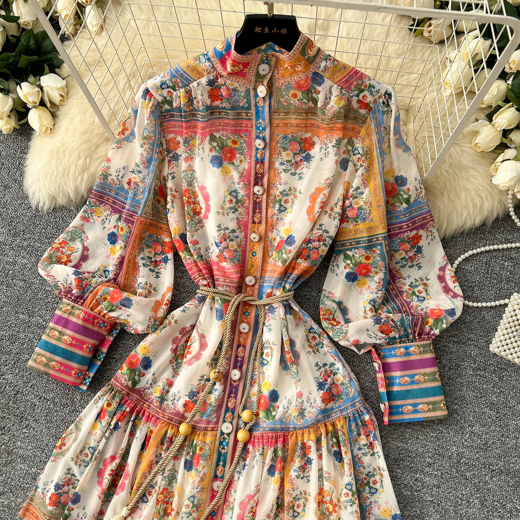2025 Spring American Style Stand Collar Tunic Pleated Midi Dress For Women Lantern Sleeve Empire Printed Lace Dress