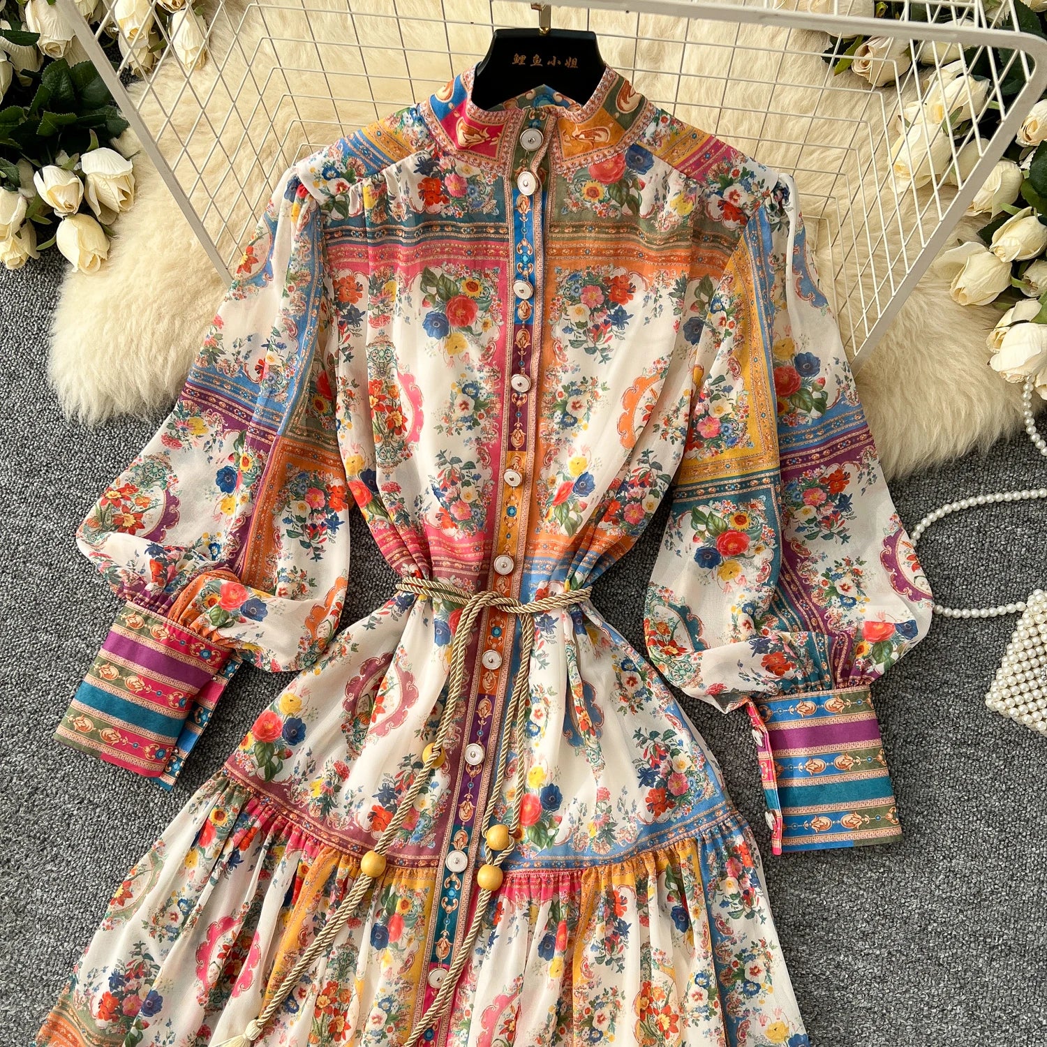 2025 Spring American Style Stand Collar Tunic Pleated Midi Dress For Women Lantern Sleeve Empire Printed Lace Dress