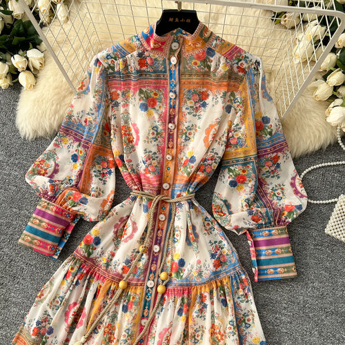 2025 Spring American Style Stand Collar Tunic Pleated Midi Dress For Women Lantern Sleeve Empire Printed Lace Dress