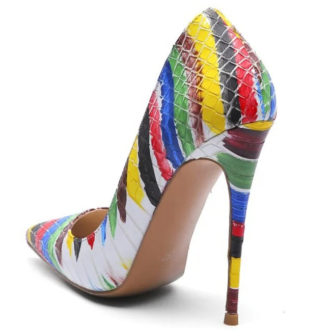 Super High-heeled Women  Shoes Colorful Graffiti Pointed Toe Stiletto Shoes Fashion Night Club Pumps
