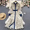 Long Sleeve Stand Collar Print A-Line Dress Vintage Chiffon High Waist Maxi Dress Ladies Casual Dress Clothes Women Wholesale