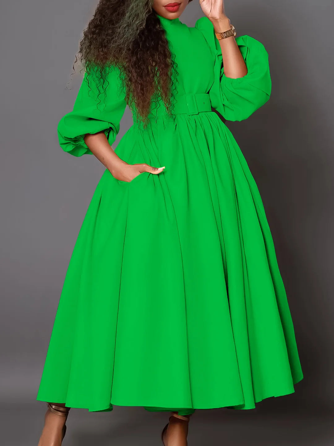 D491 African New Chic Women's New Half High Collar 3/4 Sleeves Large Hem Maxi Dress Solid Elegant Party Office Casual Dress