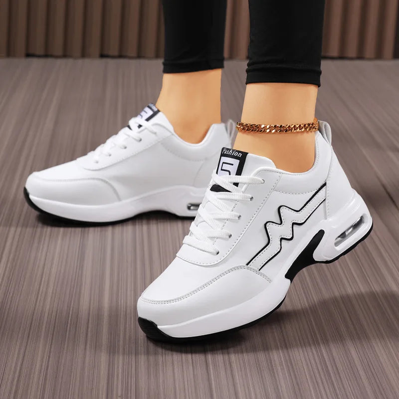 Factory Wholesale Women's White Faux Leather Casual Sneakers - Air Cushion Thick Sole Fashion Sports Shoes