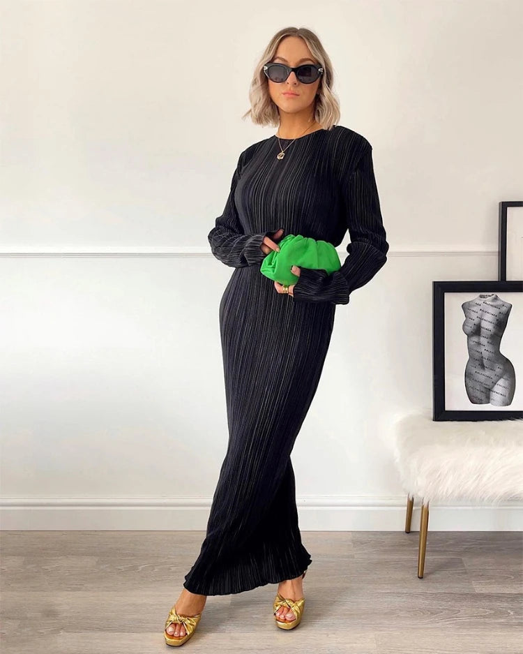 Enyami Spring Collection Plisse Casual Dresses Women Robe Elegance Long Sleeve Pleated Basic Orange Bodycon Maxi Dress