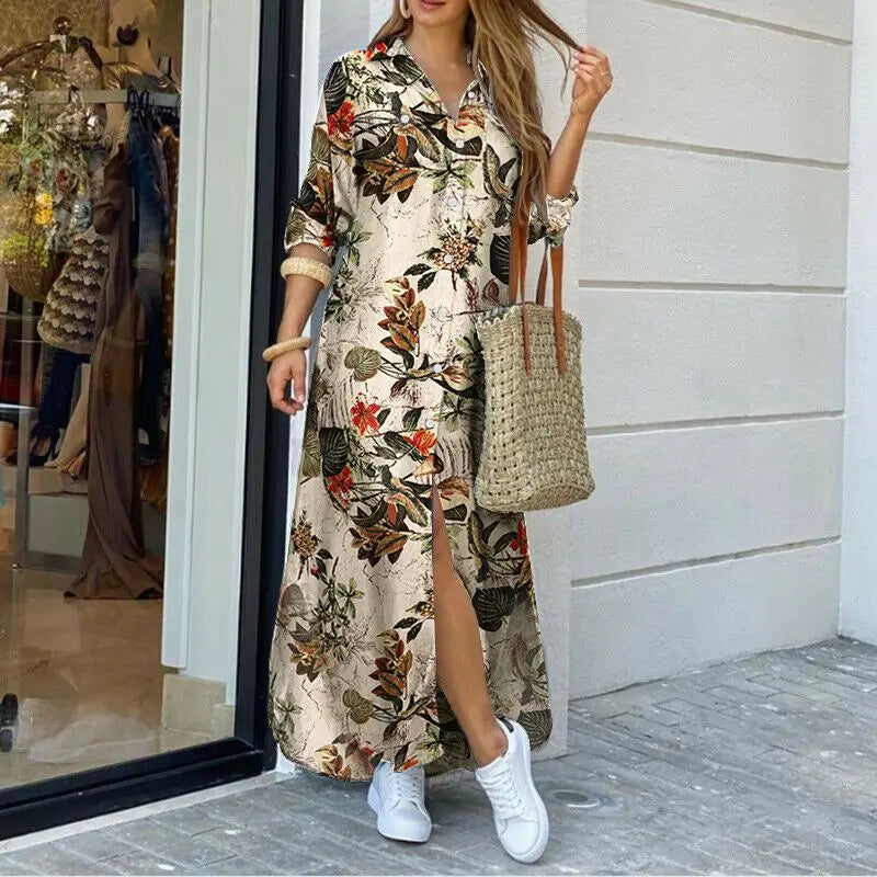 Elegant Letter Print Women Long Dress 2020 Spring Summer Long Sleeve Maxi Dress Casual Female Button Split Party Dress Vestidos