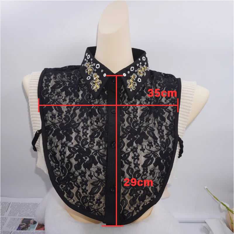 LHY Elegant Detachable Lace Shirt Collar Women Fake Collar Fashion Embroidery Ruffles Chiffon Beaded Crystal Floral Design