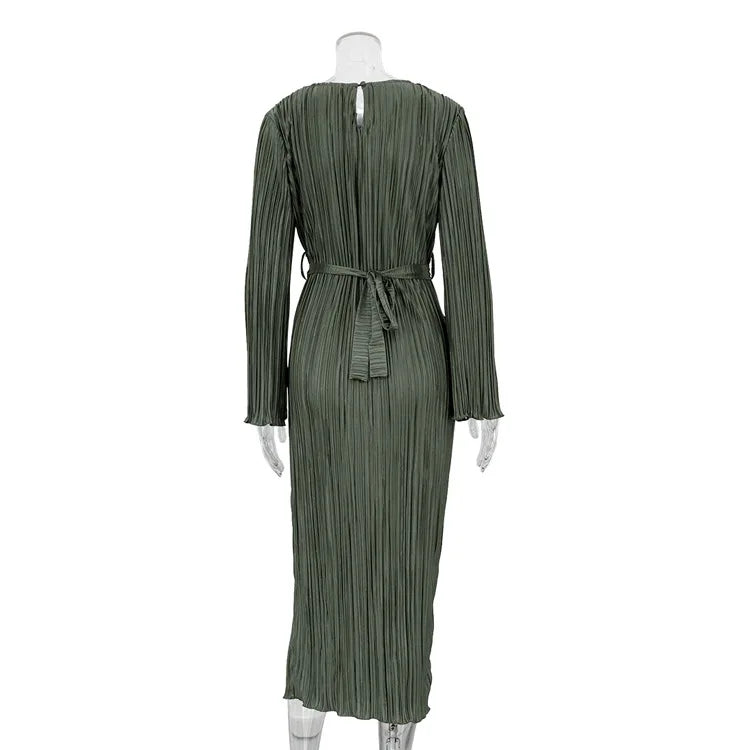 Enyami Boutique Elegance Fall Winter Flare Sleeve Pleated Lace-up Basic Robe Plisse Casual Elegant Chic Women Dress