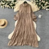 2025 Spring Vintage Slim Midi Dress For Women Lantern Sleeve Empire Shift Lace Dress