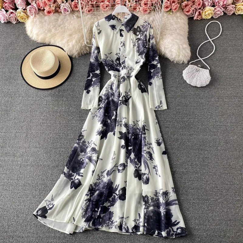 Elegant Big Swing Dress Spring Retro Ink Painting Print Temperament Slim Long Skirt Maxi Dress