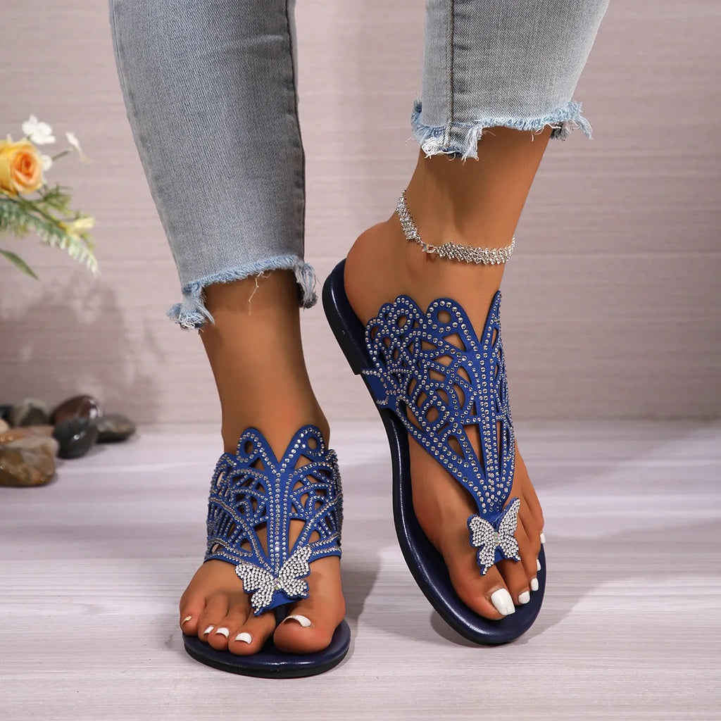 Women's Stylish Summer Outdoor Flip-Flops Anti-Slippery Breathable Lightweight Hard-Wearing Beach Use Rhinestone Decorated