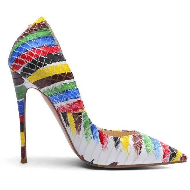 Super High-heeled Women  Shoes Colorful Graffiti Pointed Toe Stiletto Shoes Fashion Night Club Pumps