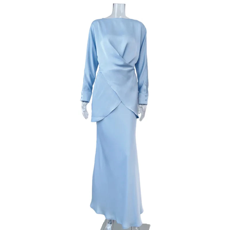 Enyami Fashion Women's 2 Pieces Satin Full Length Ladies Elegant Women Abaya Dubai O Neck Long Sleeve Maxi Skirt Set