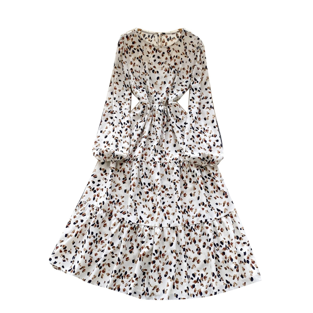 Spring Roman O-Neck Tunic Slim Casual Midi Dress For Women Lantern Sleeve High Elastic Waist Floral Ruffled Lace Dress