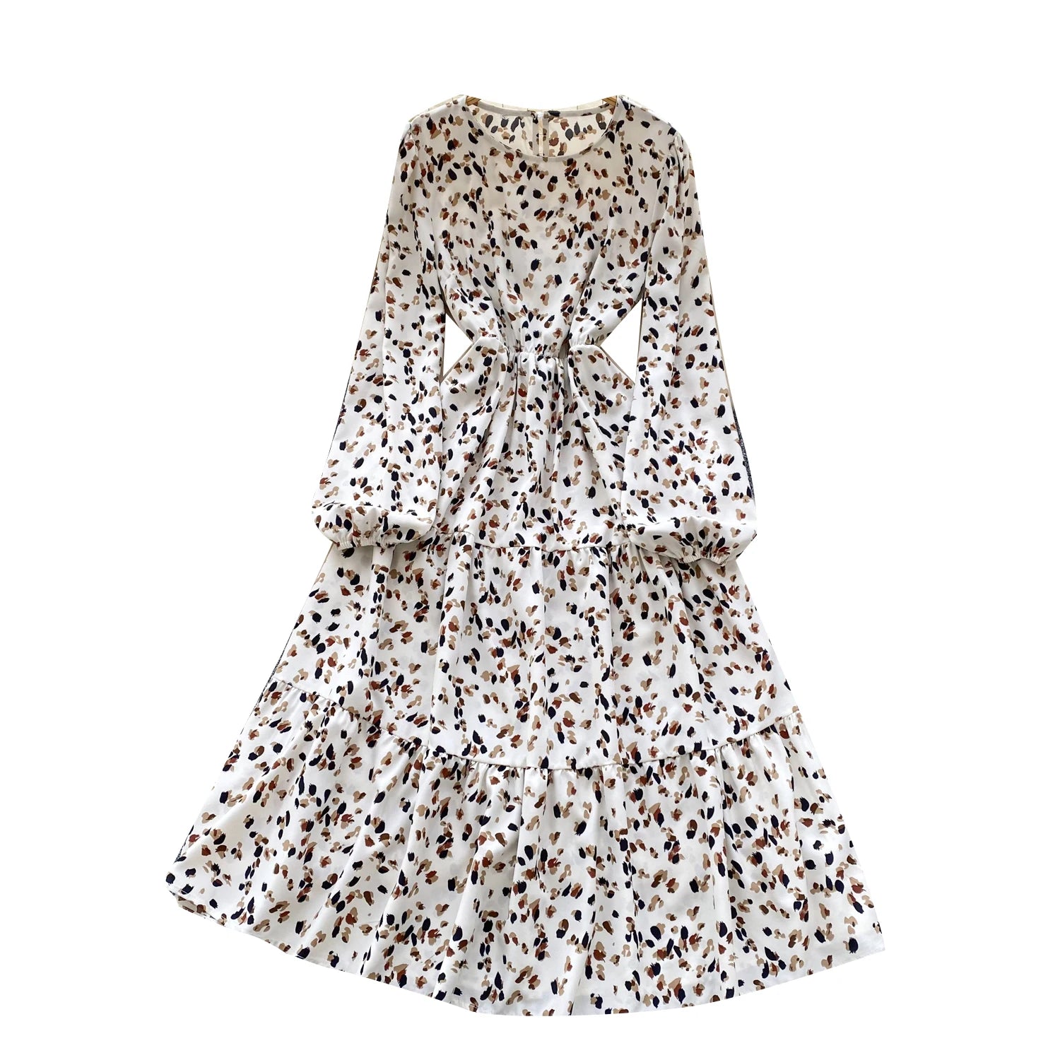 Spring Roman O-Neck Tunic Slim Casual Midi Dress For Women Lantern Sleeve High Elastic Waist Floral Ruffled Lace Dress