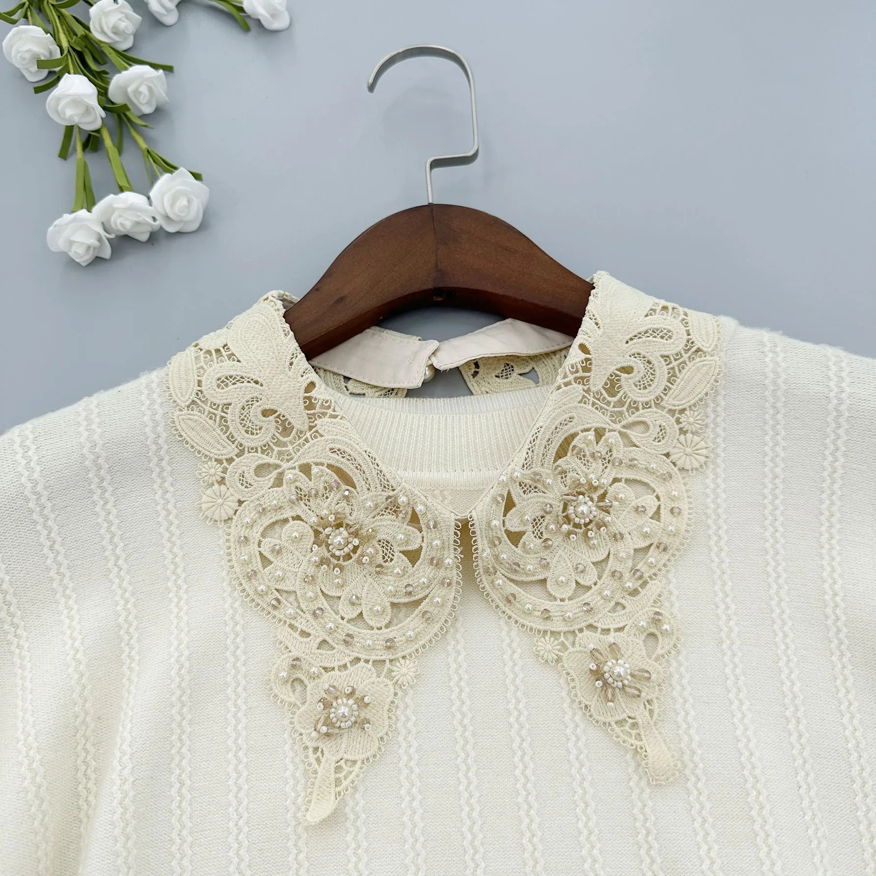 LHY Fashion Detachable Peter Pan Fake Collar for Women Choker Necklace Beaded Pearl Rhinestone Lace Applique Accessory