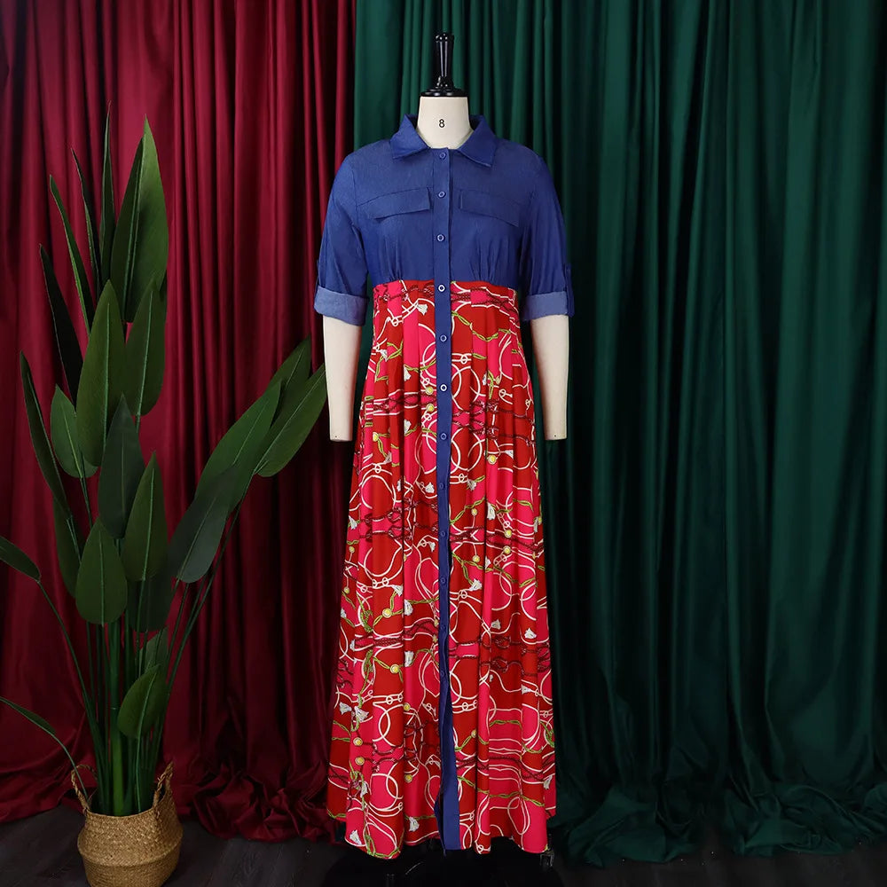 Spring Elegent Denim Collar Patchwork Vintage Patterns High Waist Long Casual Swing Plus Size Flared Shirt Maxi Dress for Women