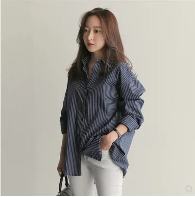 Women Spring and Autumn Cotton Striped Blouse Shirts Loose Casual Long Sleeve Women Shirt Lapel V-neck Button Casual Shirt