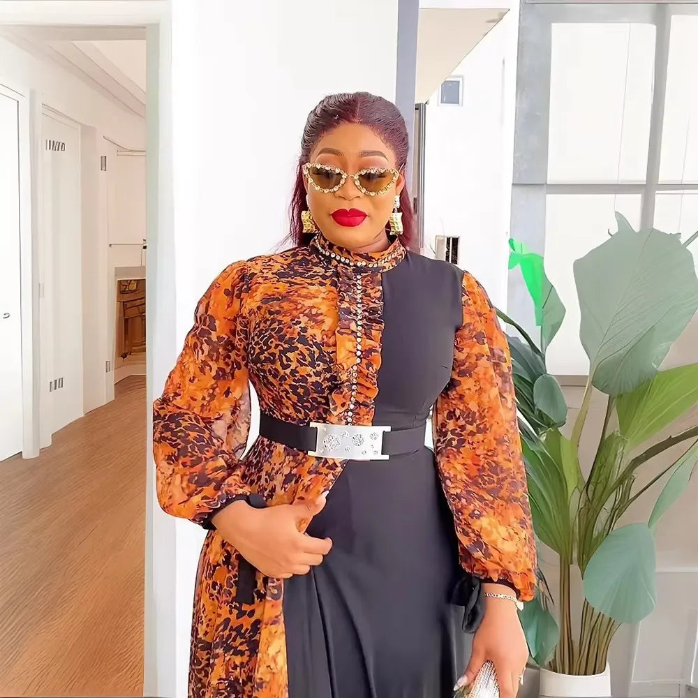 African Dresses for Women 2024 Elegant Summer Fashion Long Sleeve Muslim Print Wedding Evening Party Chiffon Maxi Dress