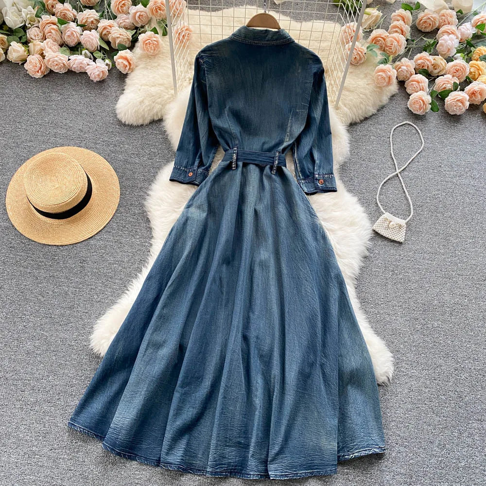 Long Sleeve O-Neck Solid A-Line Dress Autumn Embroidery Denim High Waist Maxi Dress Ladies Casual Dress Clothes Women Wholesale