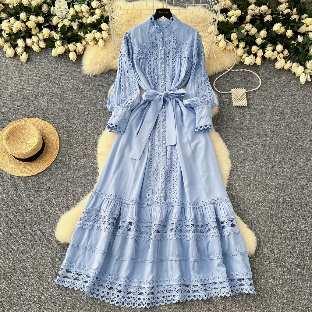 Vintage Tunic Bandage Casual Midi Dress For Women Lantern Sleeve Empire Patchwork Hollow Out Lace Dress