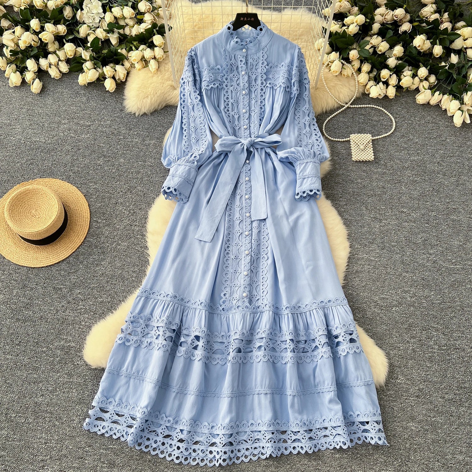 Vintage Tunic Bandage Casual Midi Dress For Women Lantern Sleeve Empire Patchwork Hollow Out Lace Dress