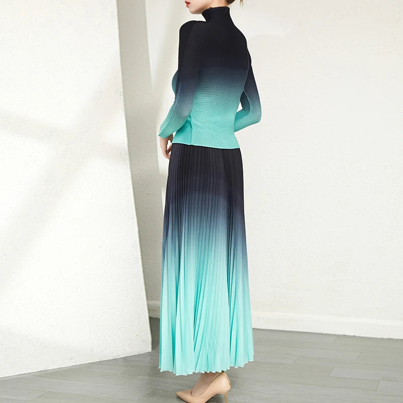 Fast Delivery Clothing Pleat Printed Gradient Color Women 2 Pieces Set Long-sleeve Shirt and Printed Long Pleated Skirt Set