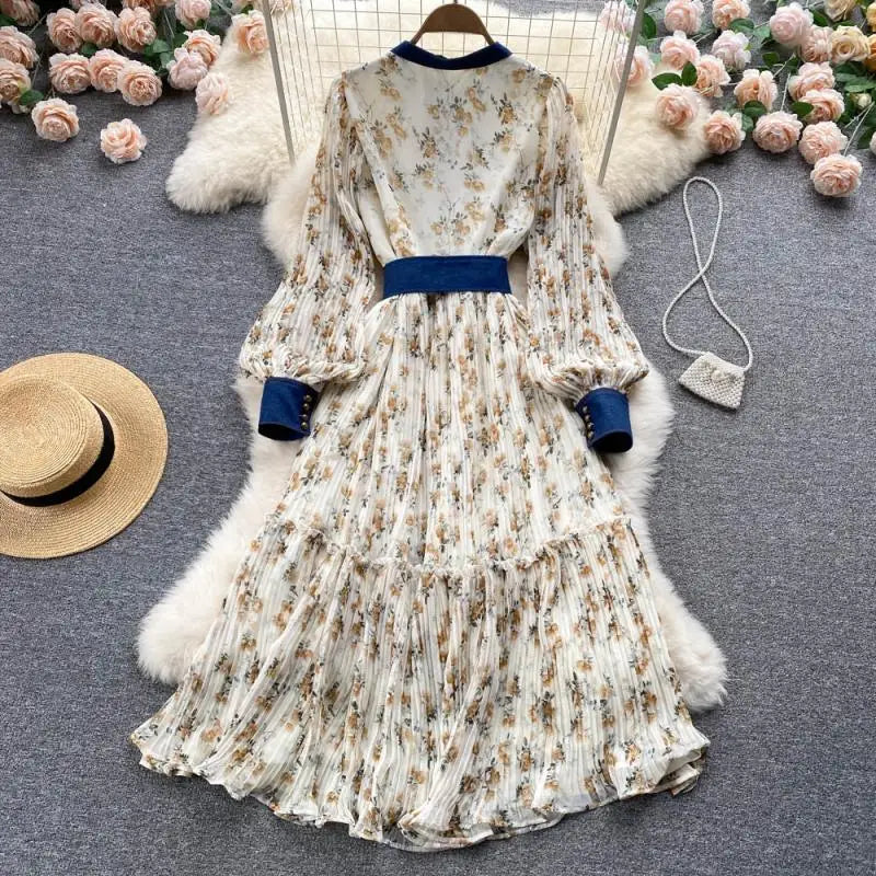Long Sleeve Stand Collar Print A-Line Dress Vintage Chiffon High Waist Maxi Dress Ladies Casual Dress Clothes Women Wholesale