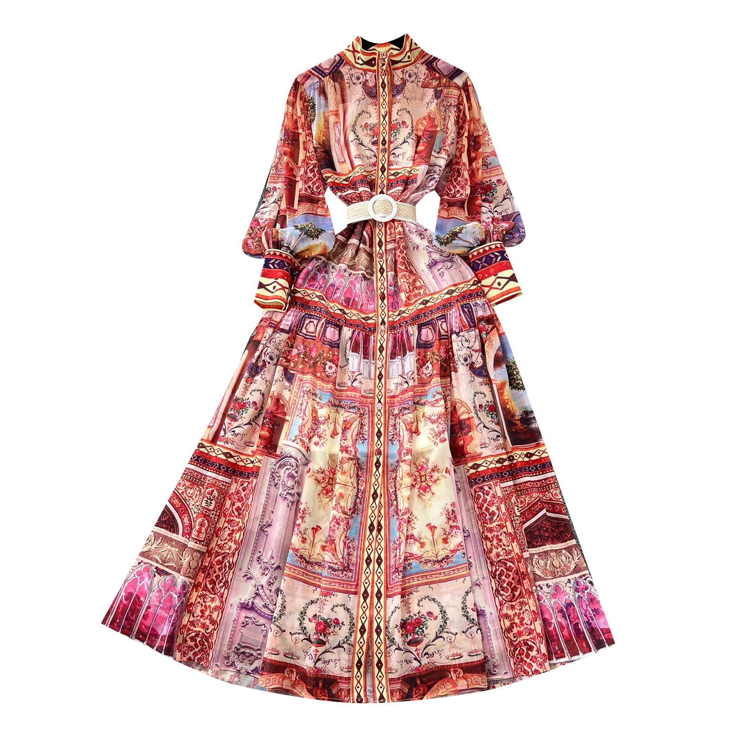 Spring Stand Collar Tunic Casual Midi Dress For Women Lantern Sleeve Empire Printed Lace Dress