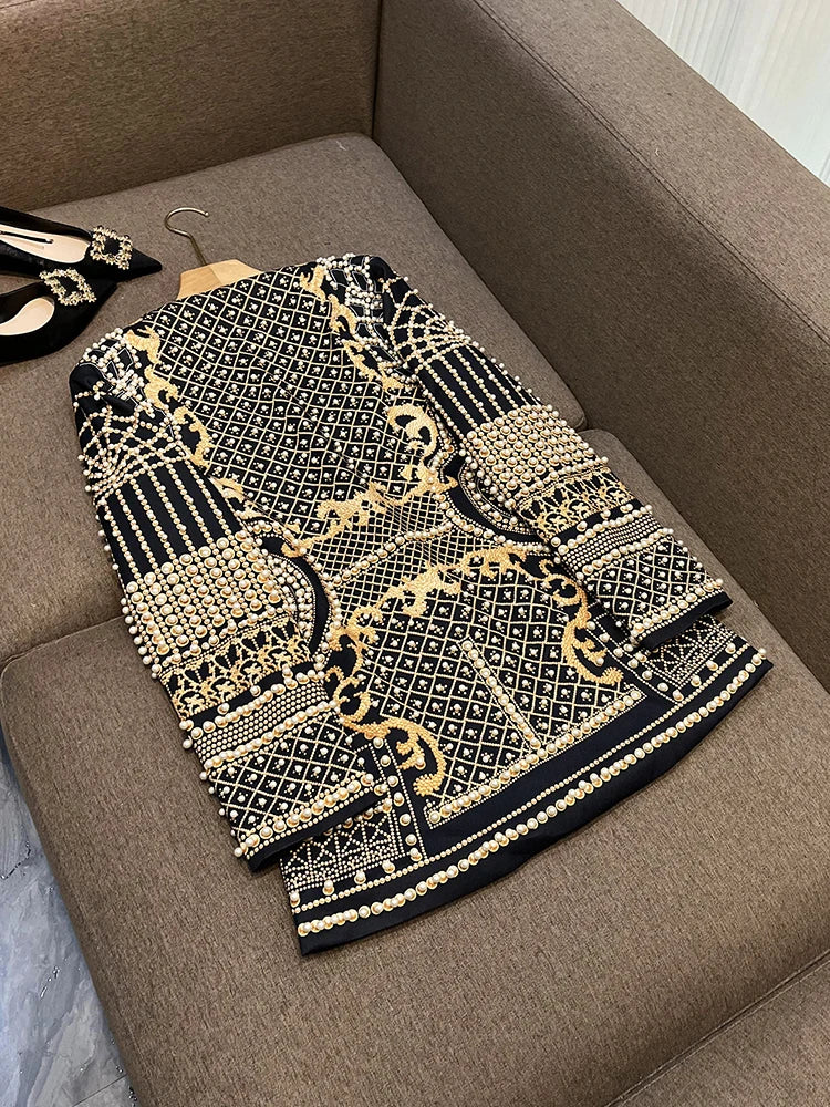 Fine Workmanship Luxury Beads Women Blaze rRetro Printed V-neckline Hidden Snap Ladys Fall Winter Blazer