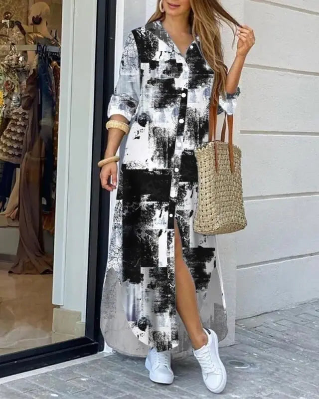 YQY1206 Hot Selling Spring and Summer Fashion Long Sleeve Loose Dress Printed Maxi Dress Ladies Fall Dresses for Women