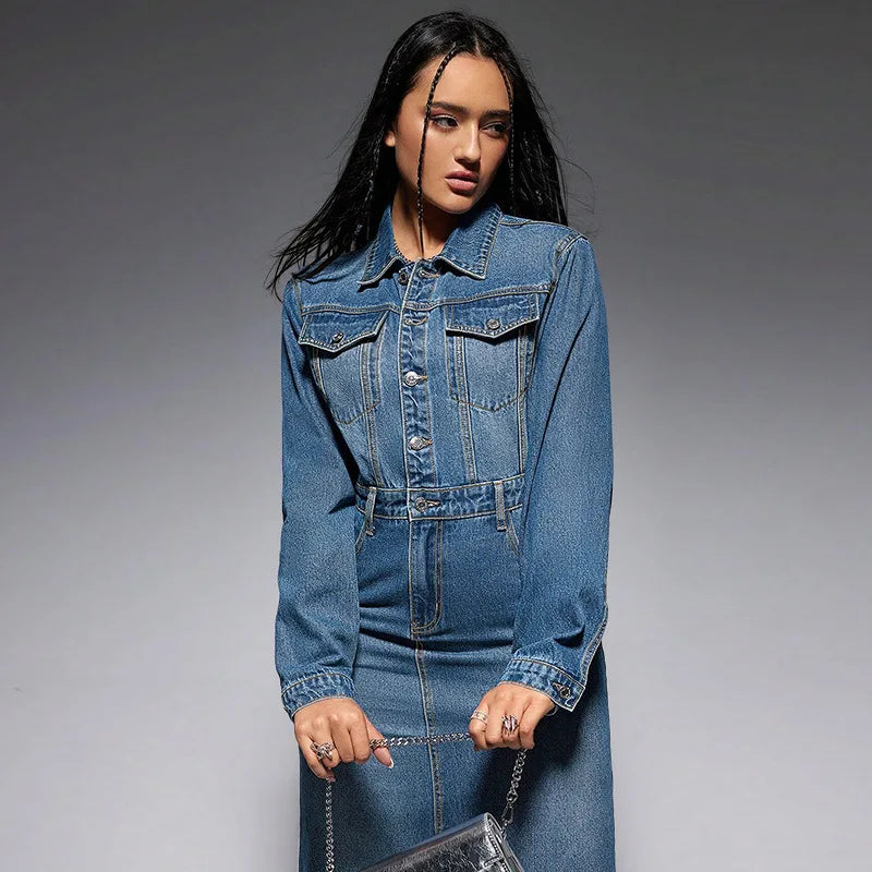 Y218616 Trendy Plus Size Jeans Dresses Women Casual Lapel Long Sleeve Button Slit Denim Dresses for Women Maxi Dress Ladies