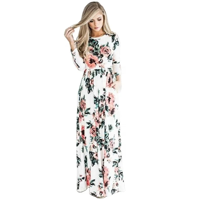 Wholesale Fashion Long Sleeve Women Beach Dress Colorful Stock Floral Long Maxi Women Dress