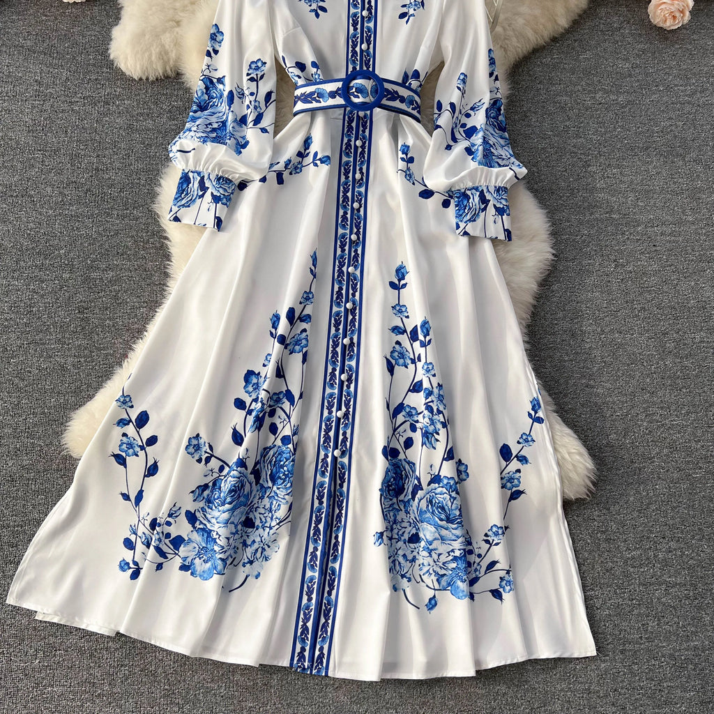Long Sleeve V-neck Solid A-Line Dress Autumn Simple High Waist Maxi Dress Ladies Casual Dress Clothes Women Wholesale