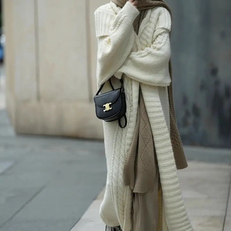Cable Knit Turndown Collar Longline Sweater Coat