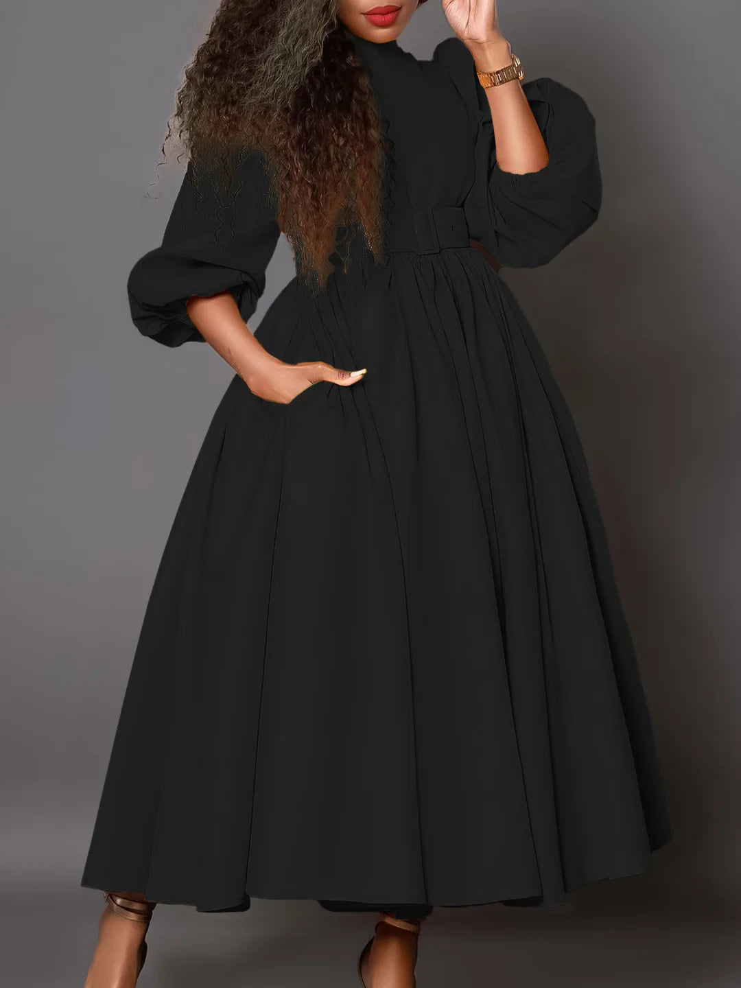 D491 African New Chic Women's New Half High Collar 3/4 Sleeves Large Hem Maxi Dress Solid Elegant Party Office Casual Dress